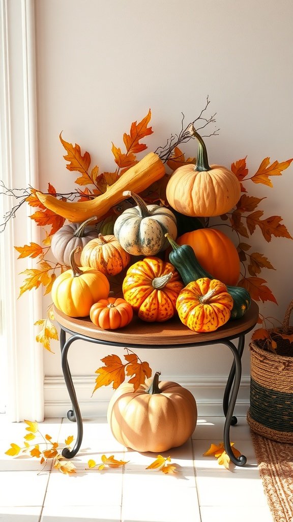 A decorative arrangement of various gourds and pumpkins on a table, surrounded by autumn leaves.