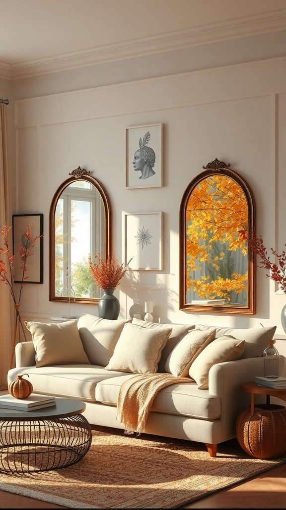 A cozy living room with mirrors reflecting autumn colors, featuring a beige sofa, decorative pillows, and seasonal decor.