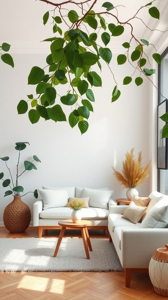 A cozy living room with green leaves hanging from above, a light-colored sofa, and a woven basket.