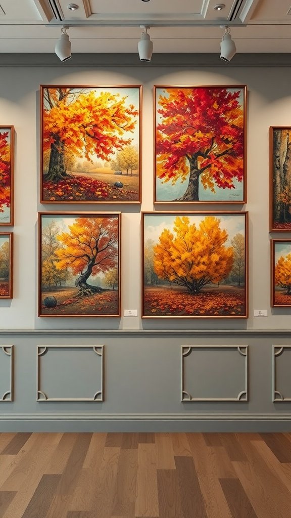 Gallery wall featuring autumn-themed artwork with vibrant colors of fall leaves.