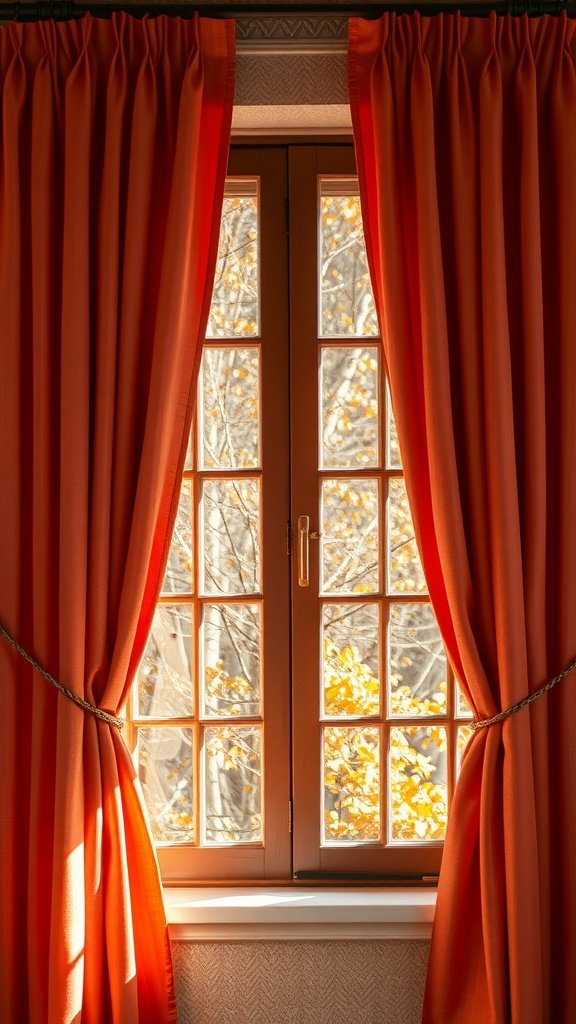 Warm orange curtains framing a window with golden autumn leaves outside