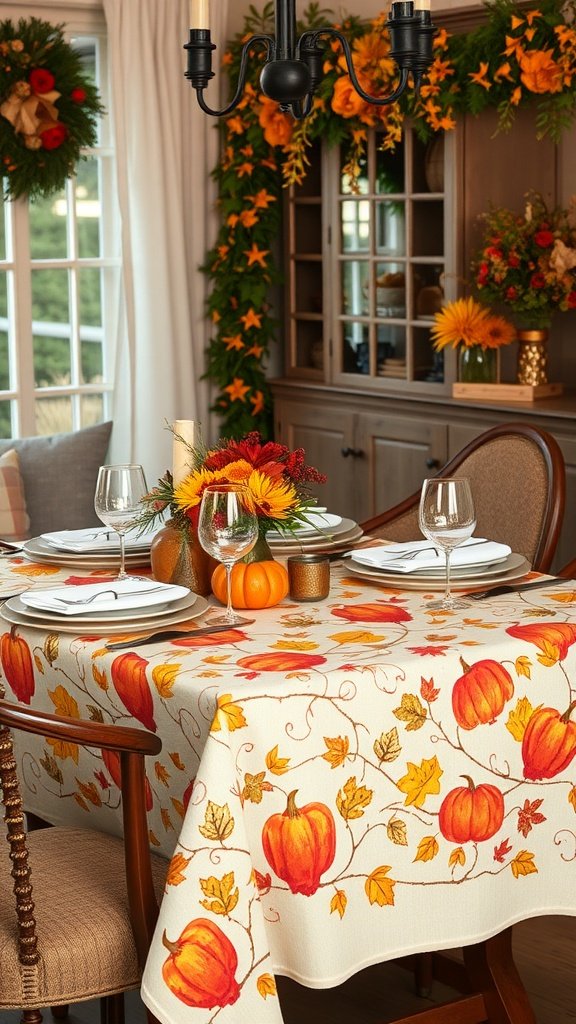 A beautifully set autumn-themed dining table with a pumpkin-patterned tablecloth, white dinnerware, and decorative pumpkins.