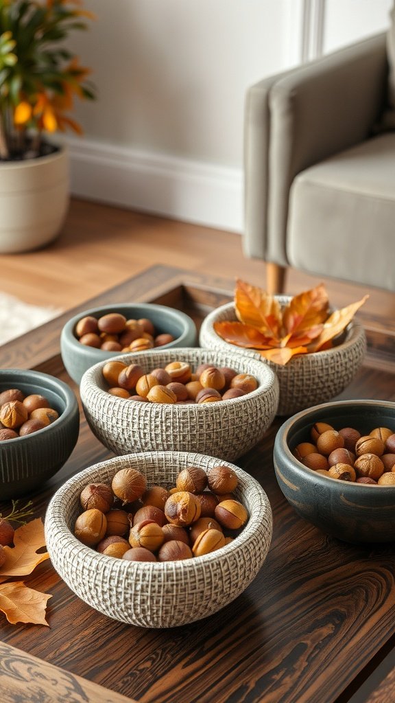 Textured bowls filled with acorns and autumn leaves arranged on a wooden table
