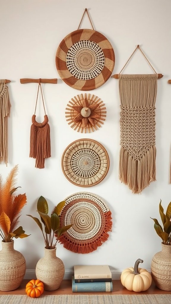 A collection of textured wall hangings in warm tones, featuring woven designs, alongside autumn decorations like pumpkins and plants.