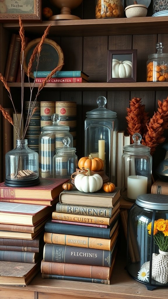 A cozy autumn home decor display featuring vintage books, glass jars, and decorative pumpkins.
