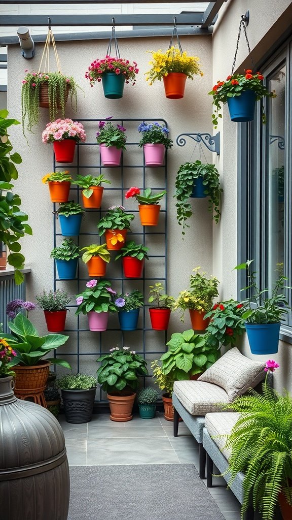 A small balcony featuring a vertical garden with colorful hanging planters filled with various flowers and plants.