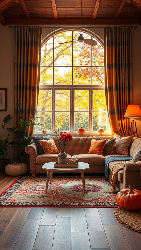 Cozy living room decorated for autumn with warm colors, pumpkins, and a large window showcasing fall foliage.