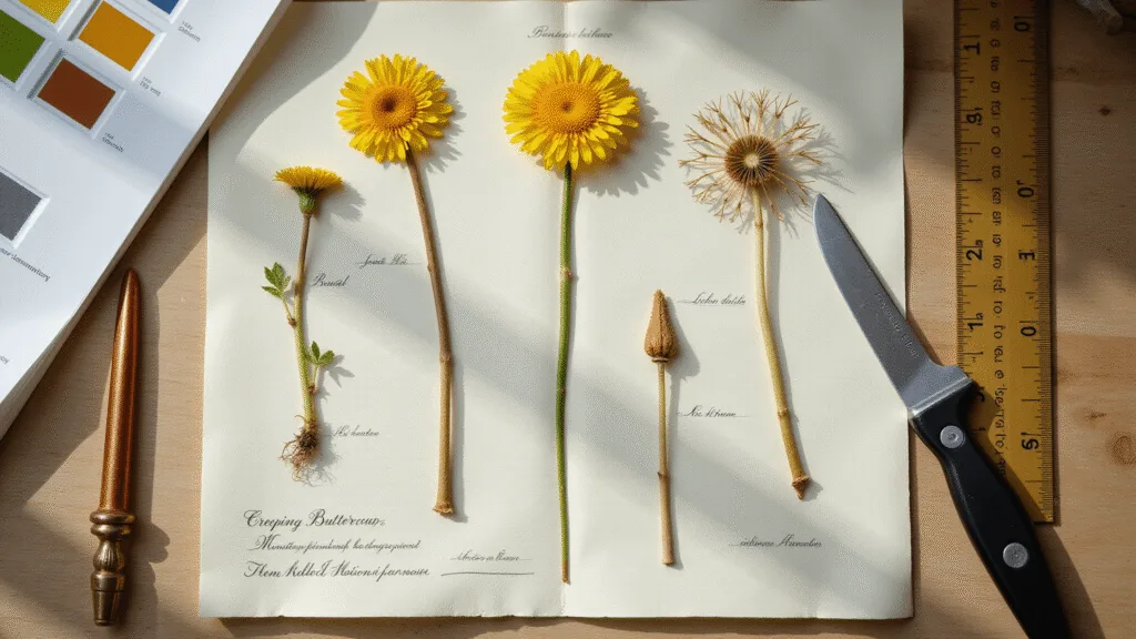 Pressed yellow-flowered weeds, including dandelions and creeping buttercup, arranged on white archival paper, labeled in calligraphy, with intricate details illuminated by natural light, showcasing textures and botanical tools.