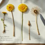Pressed yellow-flowered weeds, including dandelions and creeping buttercup, arranged on white archival paper, labeled in calligraphy, with intricate details illuminated by natural light, showcasing textures and botanical tools.