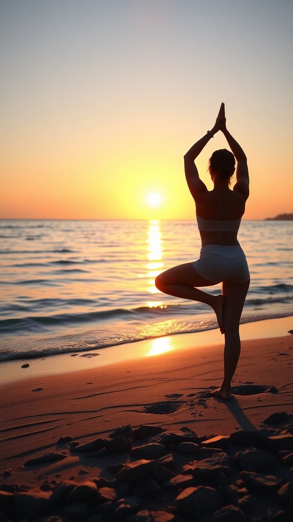 A person practicing yoga on the beach at sunrise, with the sun rising over the ocean.