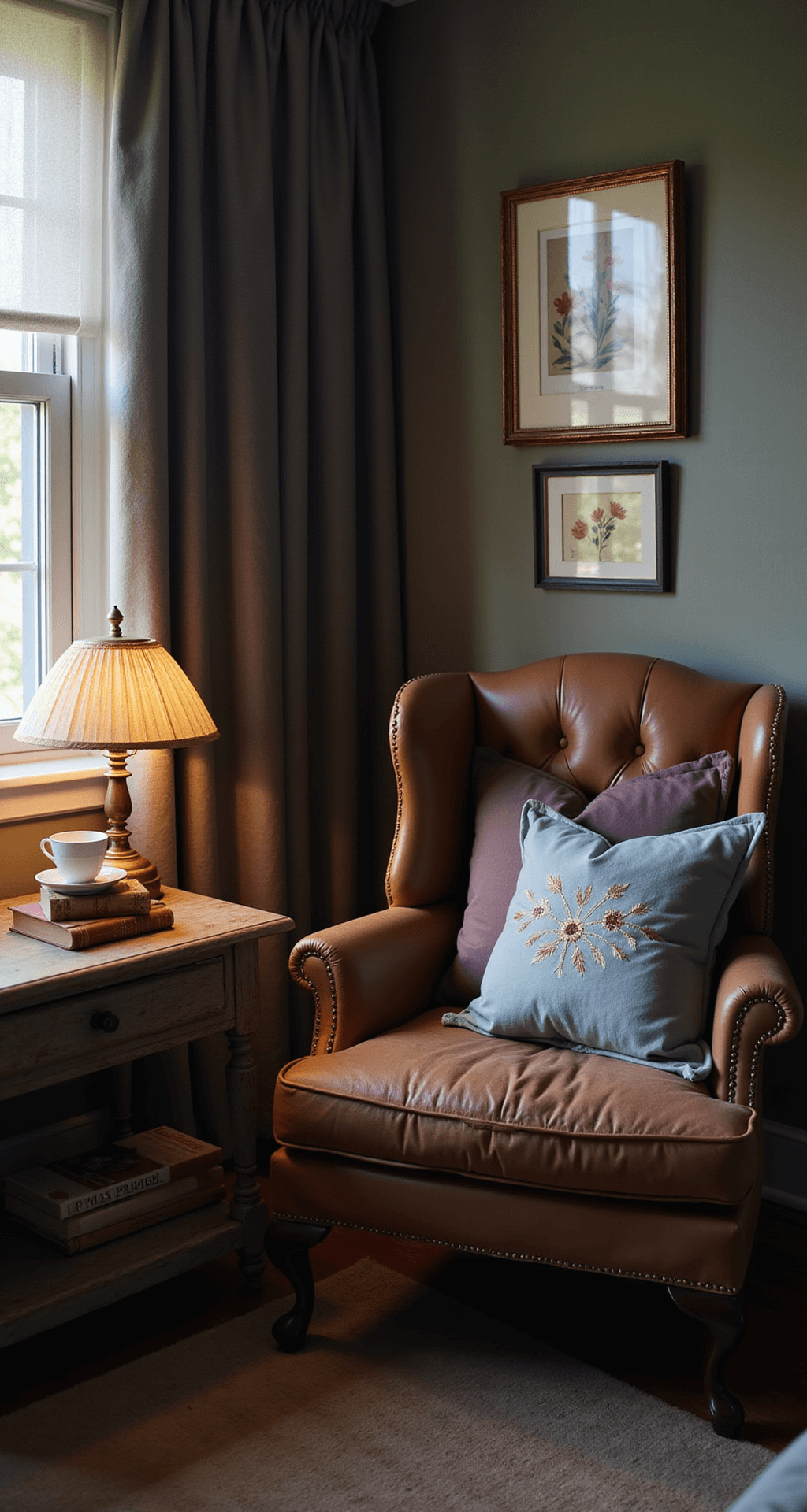 Intimate bedroom corner with a leather wingback chair and antique brass lamp, hand-embroidered pillows, a vintage side table with books and a teacup, and a gallery wall of pressed flower art, all bathed in warm morning light.