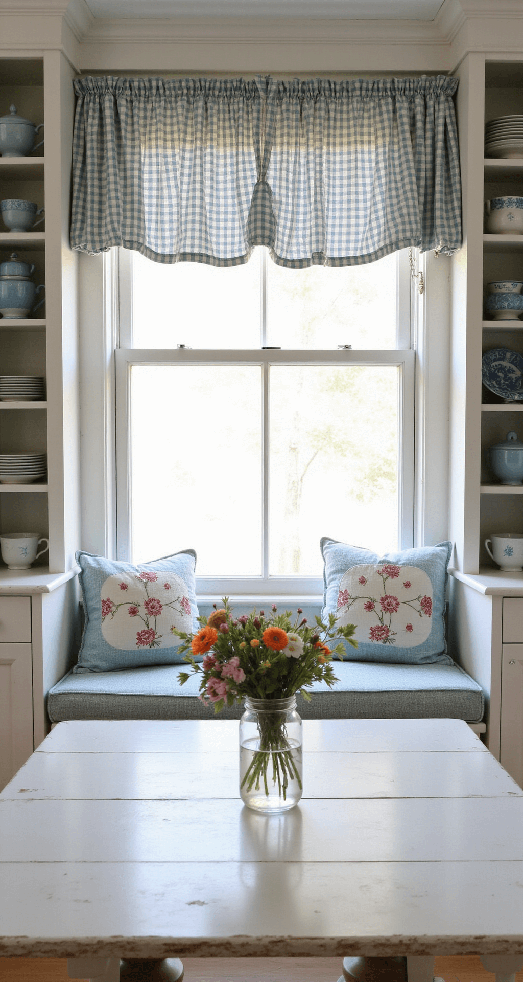 A compact kitchen nook featuring a built-in window seat with cabbage rose cushions, illuminated by early morning light. Blue and white china is displayed on open shelving, and hand-stitched gingham cafe curtains flutter. A distressed white table holds a mason jar with fresh wildflowers, captured straight-on to emphasize symmetry in a bright, airy atmosphere.