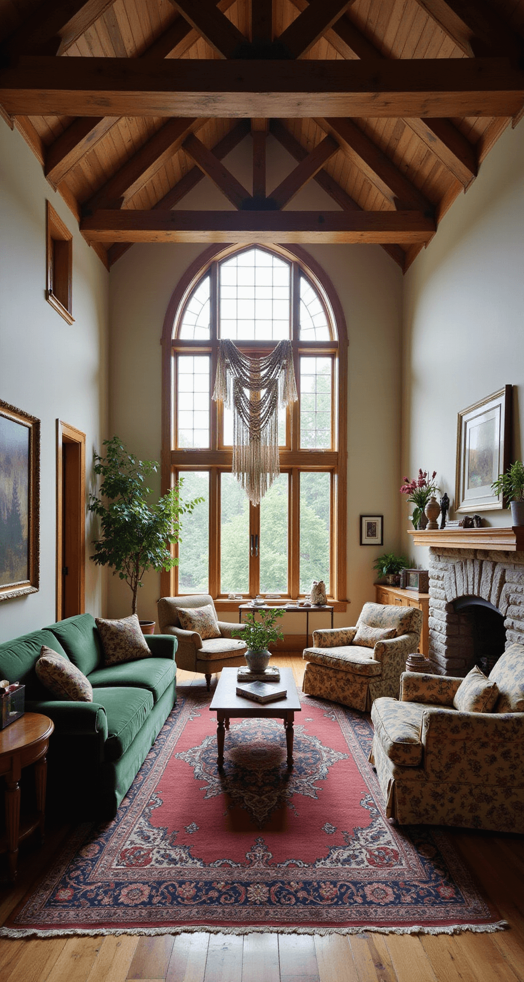 A spacious great room with a cathedral ceiling, featuring exposed wooden beams and arched windows that let in afternoon light. An eclectic seating arrangement includes a vintage forest green velvet sofa and reupholstered armchairs in William Morris print, all atop layered oriental rugs in jewel tones. A macramé wall hanging adorns the stone fireplace, captured from an elevated angle to highlight the dramatic play of light and shadows.