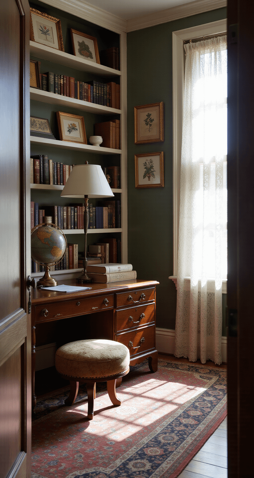 Cozy home office featuring floor-to-ceiling bookshelves, a restored mahogany secretary desk with a brass lamp and vintage globe, a gallery wall of botanical prints in golden frames, and a needlepoint footstool, all bathed in warm afternoon light.