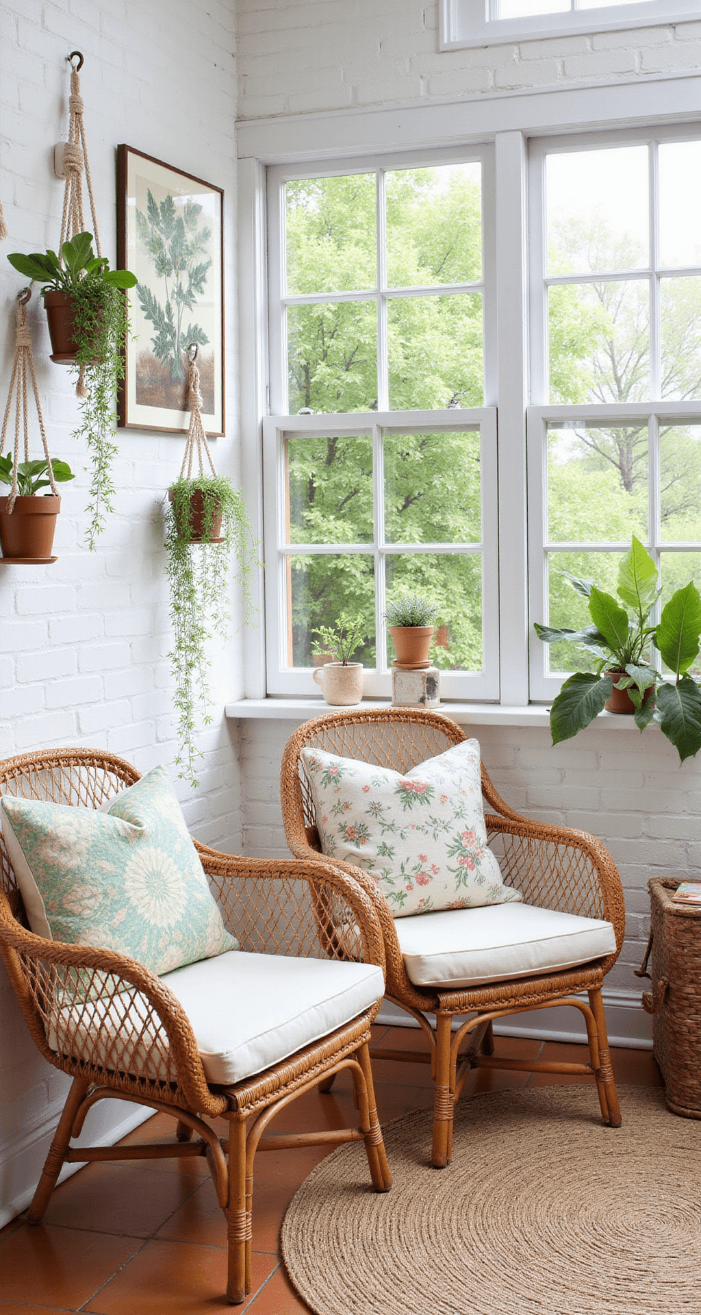 A sunroom conversion featuring whitewashed brick walls and terracotta flooring, adorned with a rattan peacock chair with floral cushions, framed pressed ferns on the walls, and macramé plant hangers with pothos. A layered woven jute rug and crochet throws complete the cozy, botanical ambiance, captured from a low angle showcasing the ceiling height and diffused natural light.