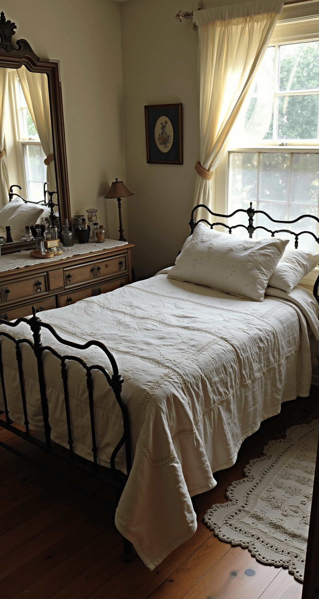 A cozy guest bedroom featuring an antique iron bed with layered vintage quilts and embroidered pillowcases, a Victorian dresser displaying cut glass perfume bottles, and crocheted doilies. A handmade rag rug lies beside the bed, with early morning light creating an ethereal glow and highlighting the textile textures in a soft, dreamy atmosphere.