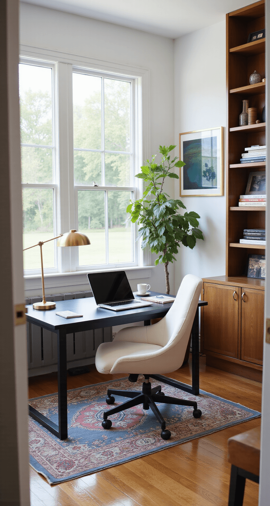 Chic Office Decor: Transform Your Workspace into a Stylish Sanctuary Modern home office scene with morning light, featuring a matte black desk, minimalist lamp, MacBook, cream ergonomic chair, walnut bookshelves, Persian rug, fiddle leaf fig, and gold-framed art, captured at a 45-degree angle for depth.