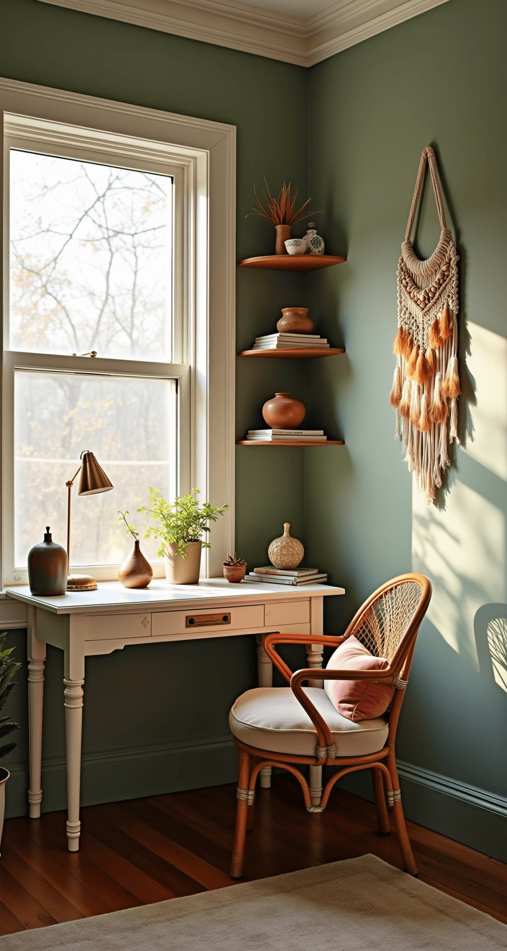 Chic Office Decor: Transform Your Workspace into a Stylish Sanctuary Cozy corner office with sage green walls and vintage white desk under a window, featuring a rattan peacock chair with blush cushion, floating copper shelves with ceramics and art books, and a macramé wall hanging; warm brass accents and dried pampas grass enhance the intimate, bohemian atmosphere during golden hour.
