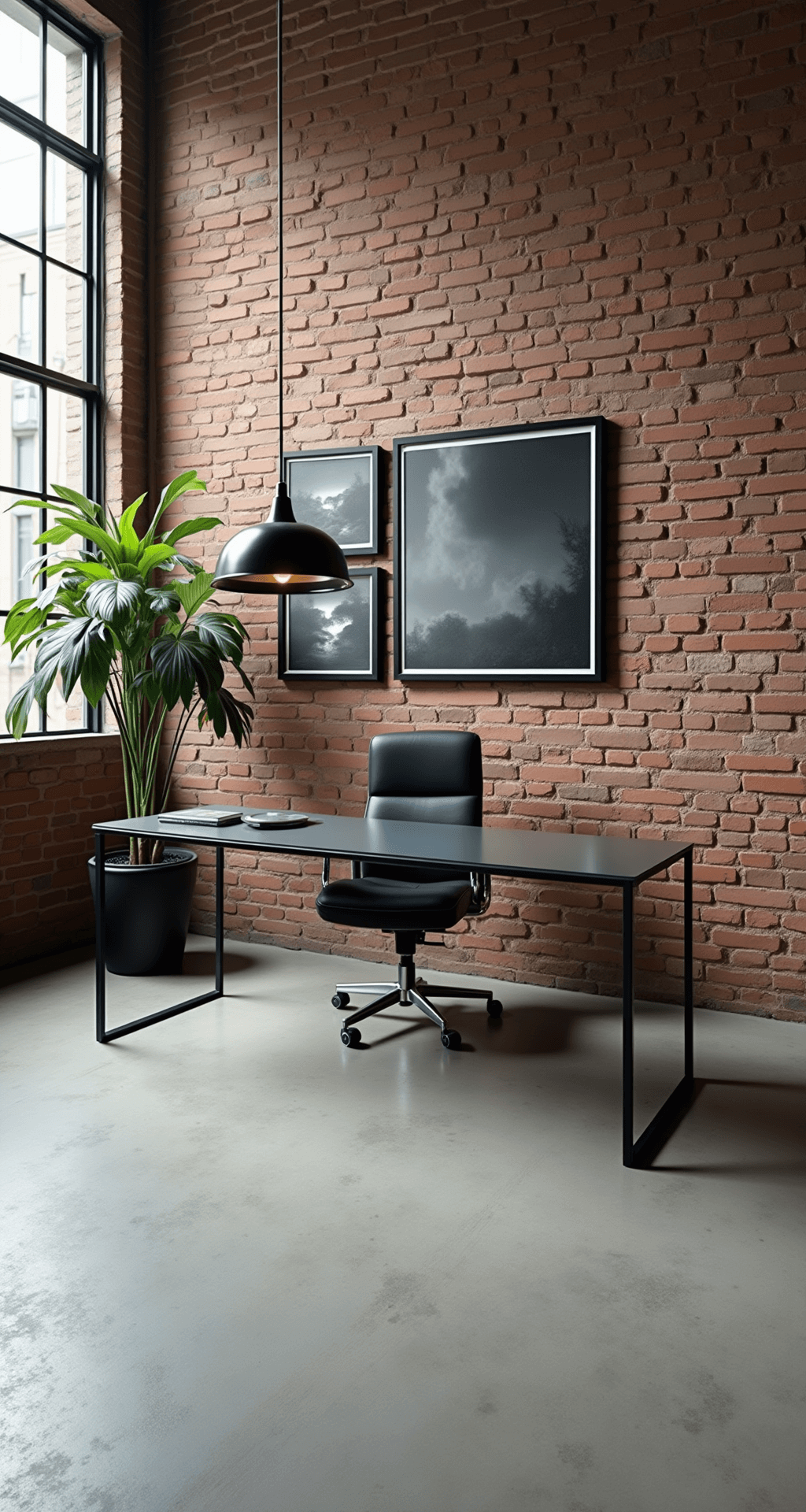 Chic Office Decor: Transform Your Workspace into a Stylish Sanctuary A high-angle shot of a contemporary minimalist workspace in a converted loft, featuring an exposed brick wall, concrete floors, a streamlined glass desk with a chrome and leather chair, a monochromatic gallery wall in black frames, a brushed nickel pendant light, and a potted monstera in a matte black planter, all illuminated by diffused afternoon light.