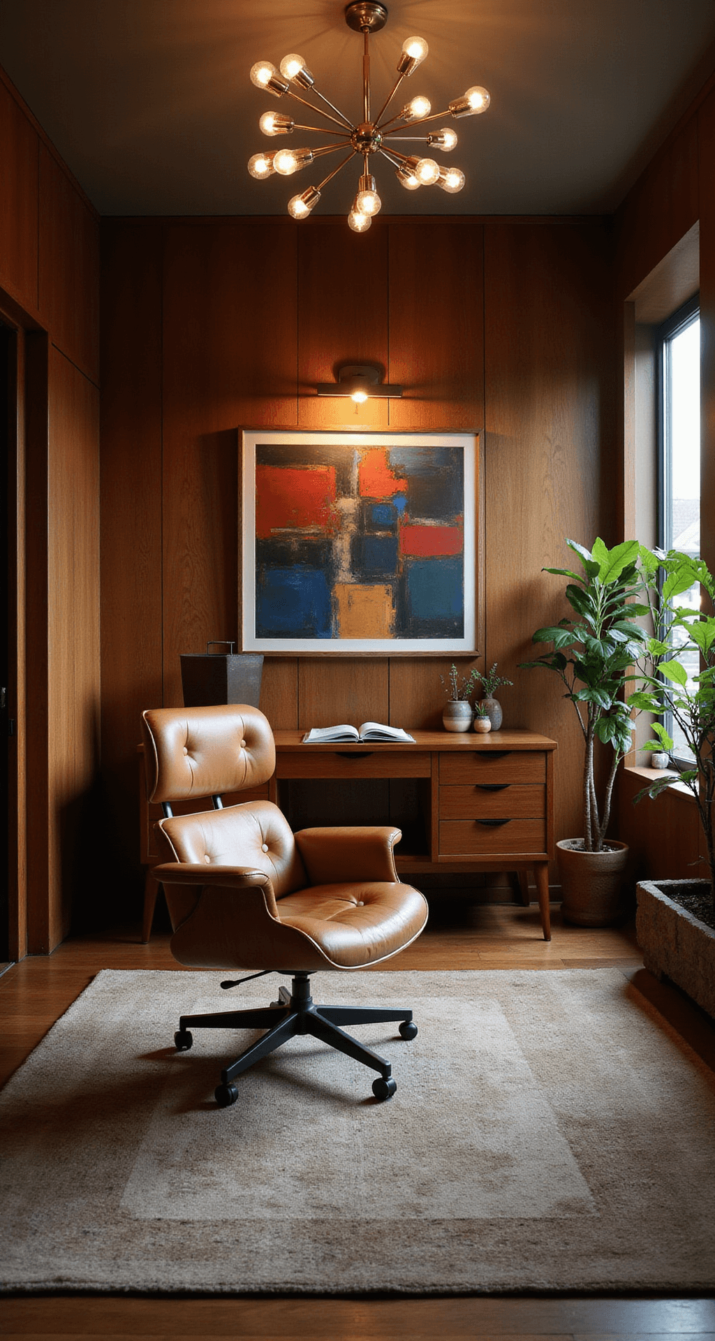 Chic Office Decor: Transform Your Workspace into a Stylish Sanctuary Mid-century modern study featuring walnut paneled walls, an Eames desk chair in cognac leather, a teak credenza with vintage brass objects, and a Sputnik chandelier casting geometric shadows, accented by abstract expressionist art and spider plants in ceramic planters, all captured with moody ambient lighting and dramatic perspective.