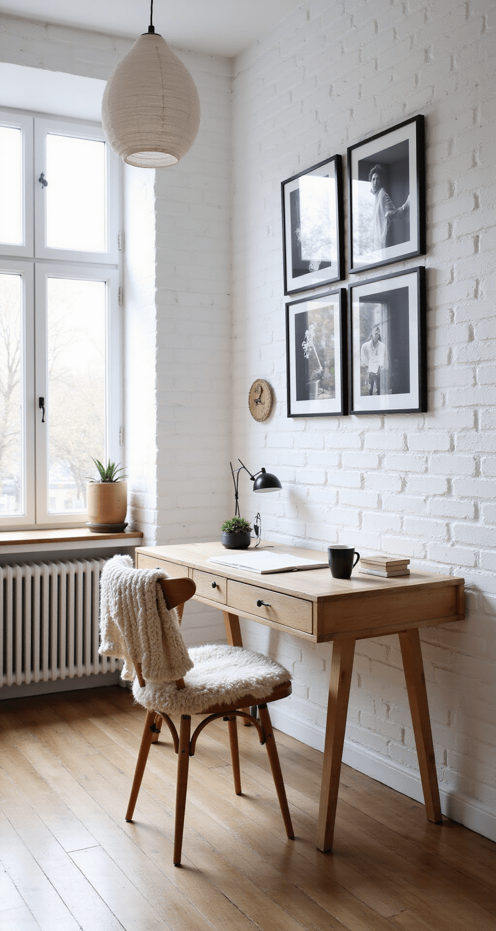 Chic Office Decor: Transform Your Workspace into a Stylish Sanctuary A Scandinavian-inspired workspace featuring a white brick wall, pale oak desk, sheepskin-draped wishbone chair, and a black and white photography gallery wall, illuminated by natural winter light and an oversized paper pendant lamp, evoking a cozy hygge atmosphere.