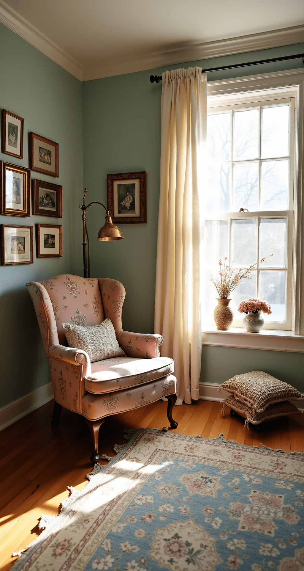 A sunlit living room with high ceilings, featuring a floral wingback chair, brass floor lamp, layered rugs, and a gallery wall of vintage family photos, all bathed in warm, soft light.