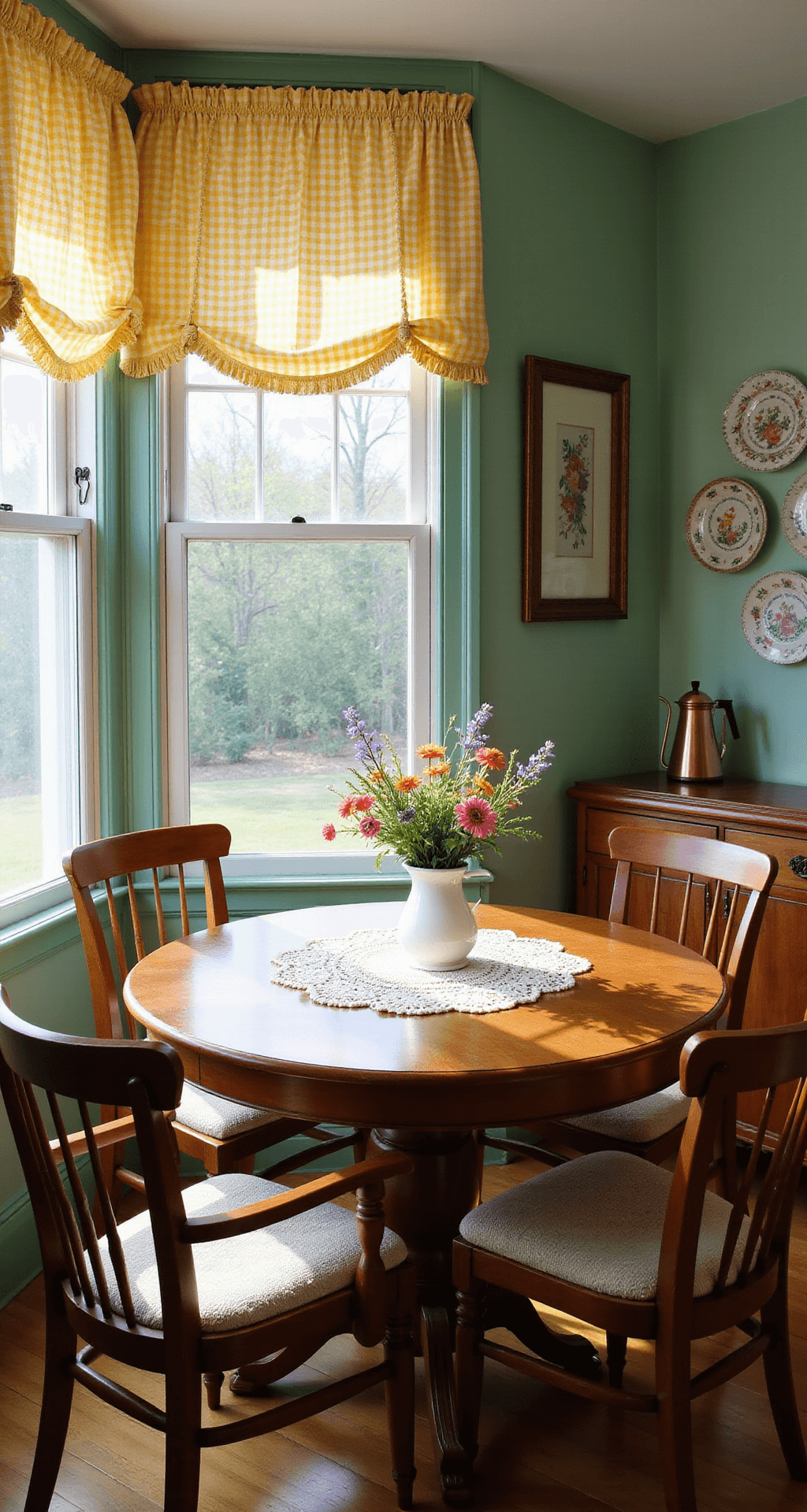 A cozy breakfast nook featuring a round oak table with a hand-crocheted doily and wildflowers in a milk glass vase, surrounded by mismatched wooden chairs with needlepoint cushions. Sunlight filters through butter yellow gingham café curtains, casting dappled shadows on mint green walls adorned with vintage floral-patterned plates. A gleaming copper kettle sits on a sideboard nearby.