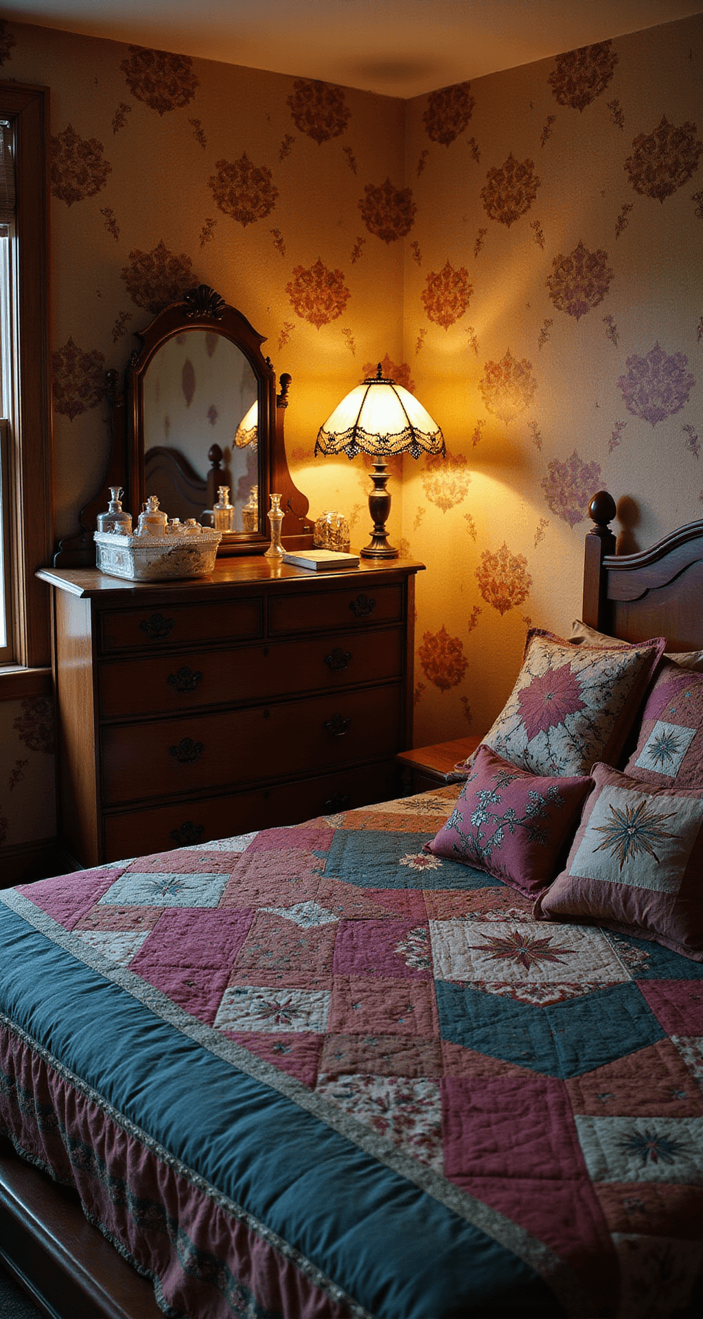 A cozy bedroom corner at blue hour, featuring a log cabin patterned quilted bedspread in deep burgundies and forest greens, an antique walnut dresser with vintage perfume bottles and a tarnished silver mirror, and a stained glass table lamp casting warm patterns on rose motif wallpaper, surrounded by multiple hand-embroidered throw pillows.