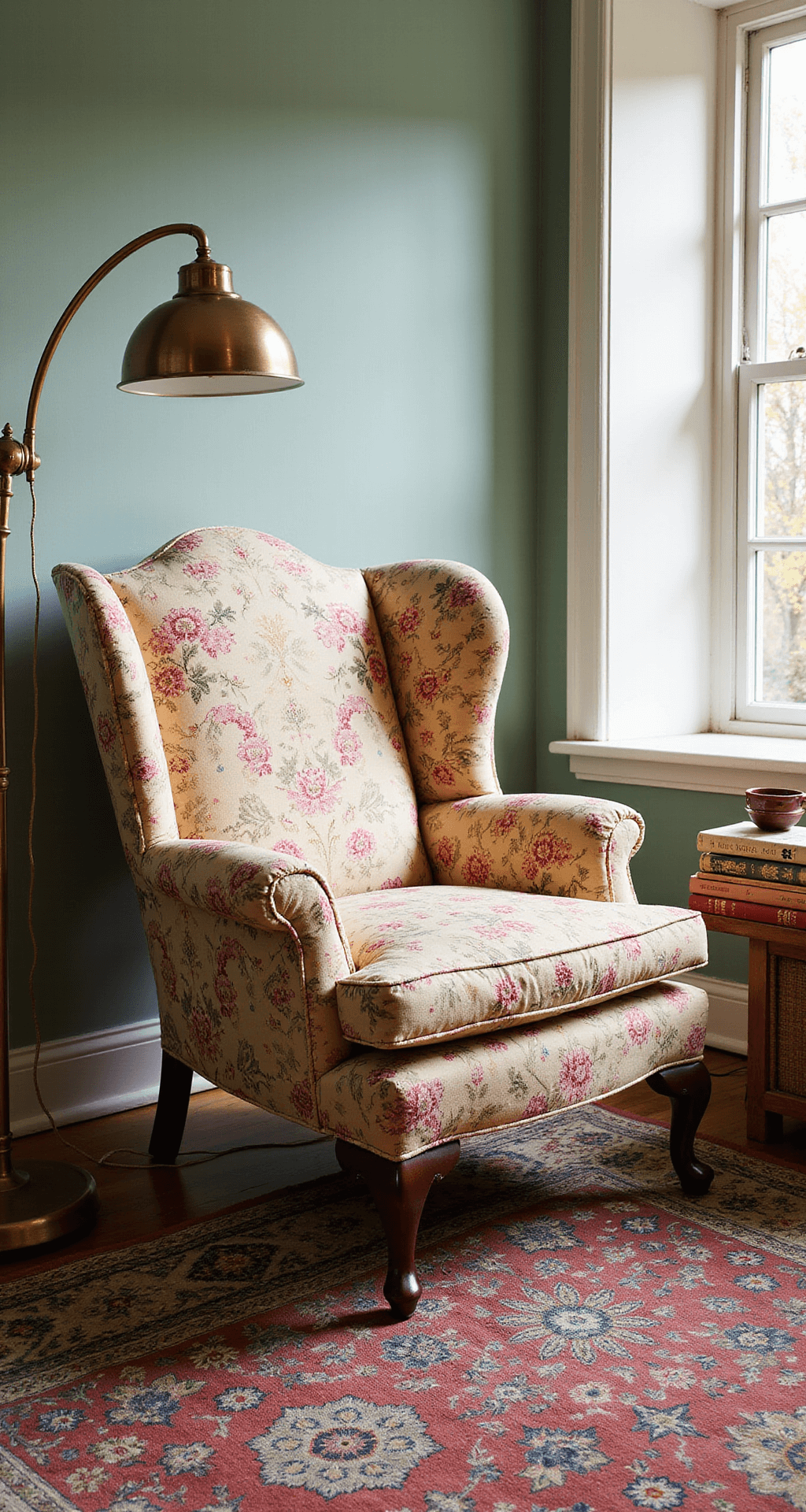A cozy reading nook with an oversized Victorian armchair in chintz fabric, a brass floor lamp, jewel-toned carpet, vintage books, and a ceramic teacup on a bamboo side table, all illuminated by afternoon light.