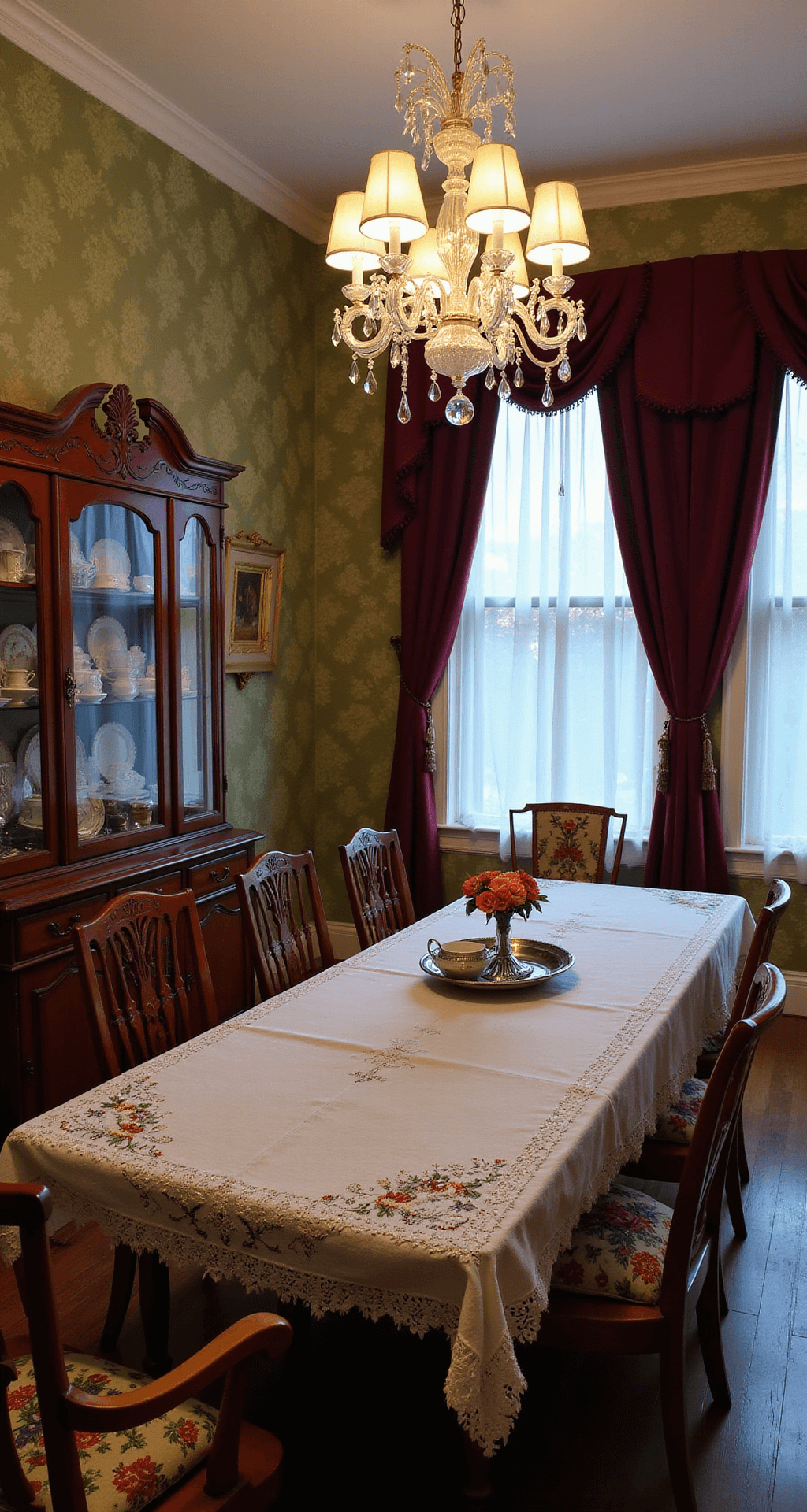 A formal dining room at dusk featuring a mahogany table with a lace tablecloth, surrounded by Windsor chairs with needlepoint cushions, illuminated by a crystal chandelier. A china cabinet displays teacups and silver pieces against a backdrop of sage green damask wallpaper and deep burgundy velvet curtains.
