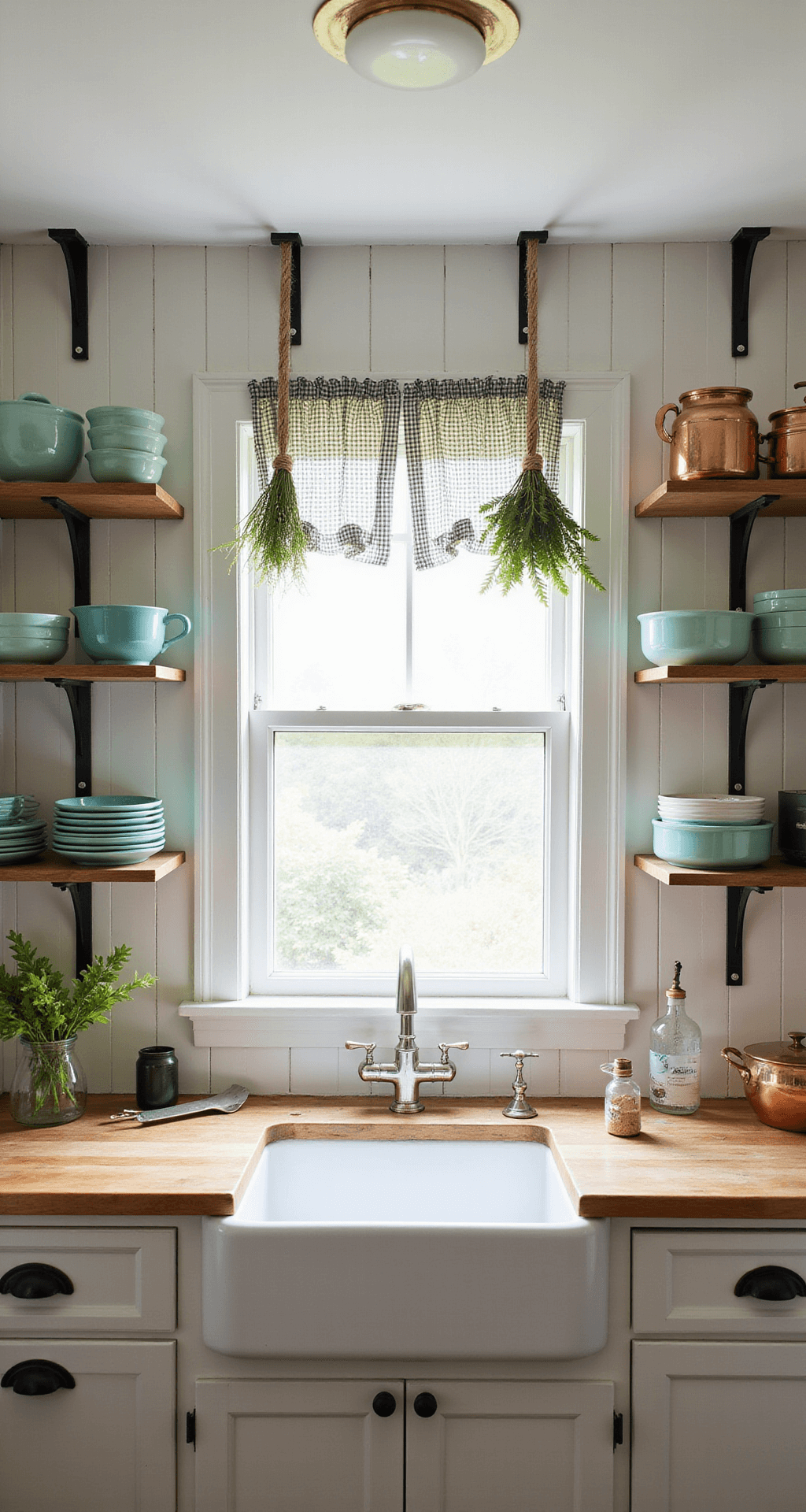 A warm morning light illuminates a kitchen workspace featuring open shelves filled with jadeite dishes and copper cookware against white beadboard walls. Butcher block counters and a farmhouse sink complement the scene, while herbs hang from ceiling-mounted racks and gingham curtains frame a window above the sink. The image is taken from a three-quarter angle, highlighting the depth and arrangement of the items.