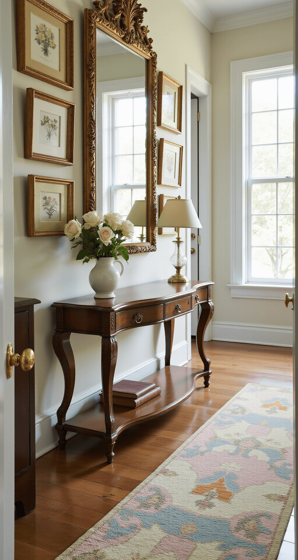 A hallway featuring an antique console table under an ornate gilt mirror, with an asymmetrical gallery wall of pressed botanical prints, a muted pastel hooked rug runner, crystal doorknobs, brass hardware, and a milk glass vase holding fresh garden roses, alongside vintage leather-bound books.