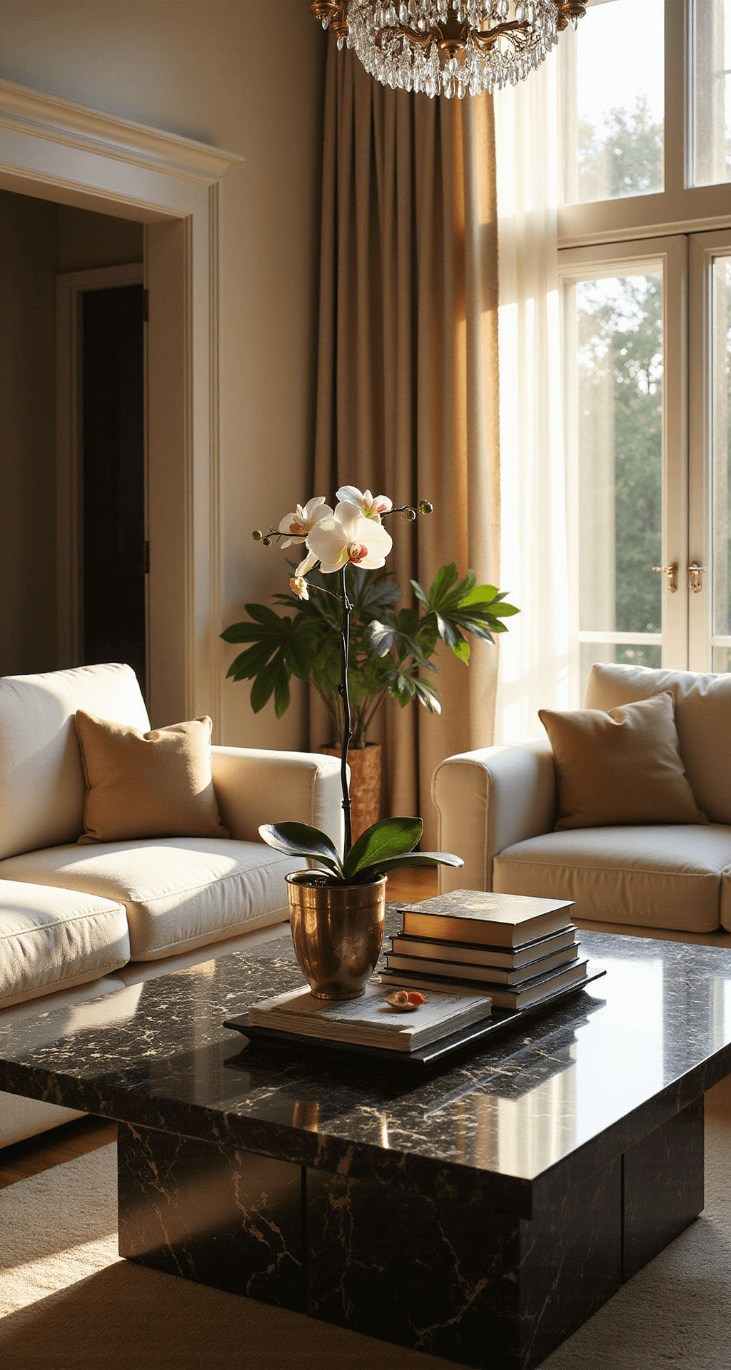 A sunlit contemporary living room with a Nero Marquina marble center table and cream bouclé sofas, illuminated by golden hour light streaming through floor-to-ceiling windows, featuring a crystal chandelier and decorative elements like an orchid and stacked books.