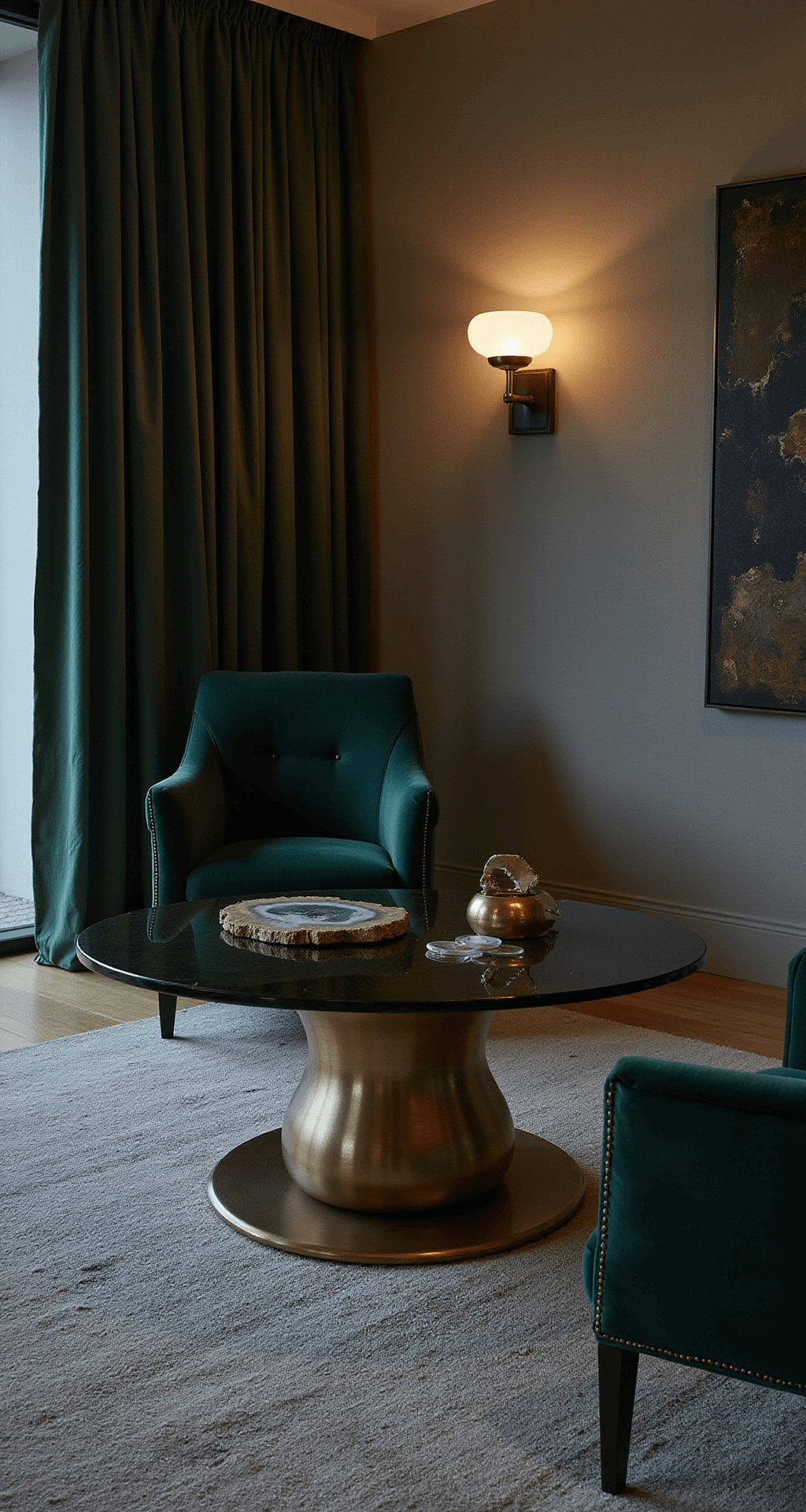 An intimate living space at dusk featuring an Eden Series center table with organic curves in polished bronze and smoked glass, surrounded by deep emerald velvet armchairs. The scene is illuminated by ambient wall sconces, showcasing a heavyweight wool rug and raw silk curtains, along with a sculptural brass object and scattered agate coasters, captured from a 45-degree elevated angle with a wide-angle lens.