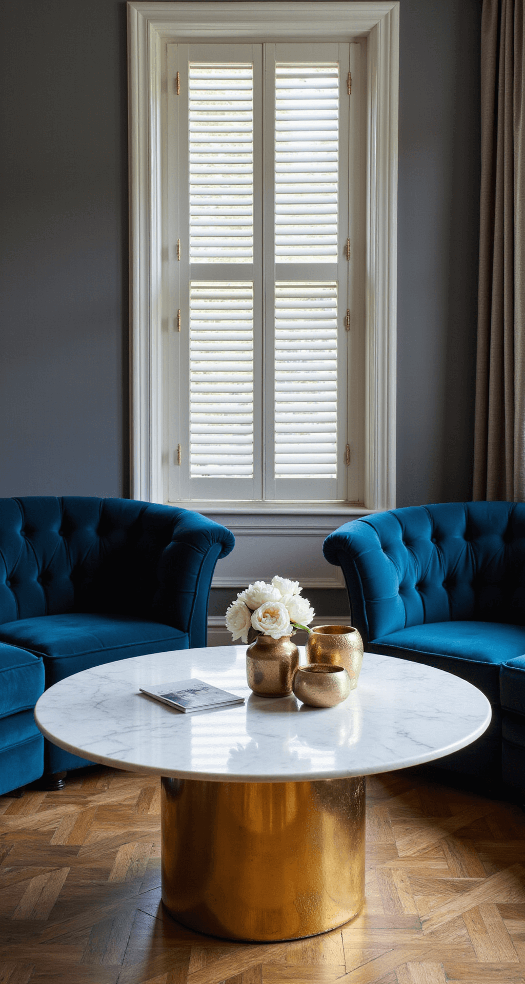 A sophisticated sitting room with a white Carrara marble Ophelia center table on a gold-leafed base, surrounded by curved midnight blue velvet sectionals. Late afternoon light casts dramatic shadows through venetian blinds over parquet flooring, enhanced by mercury glass vessels and fresh white peonies, captured from a corner angle in soft focus.