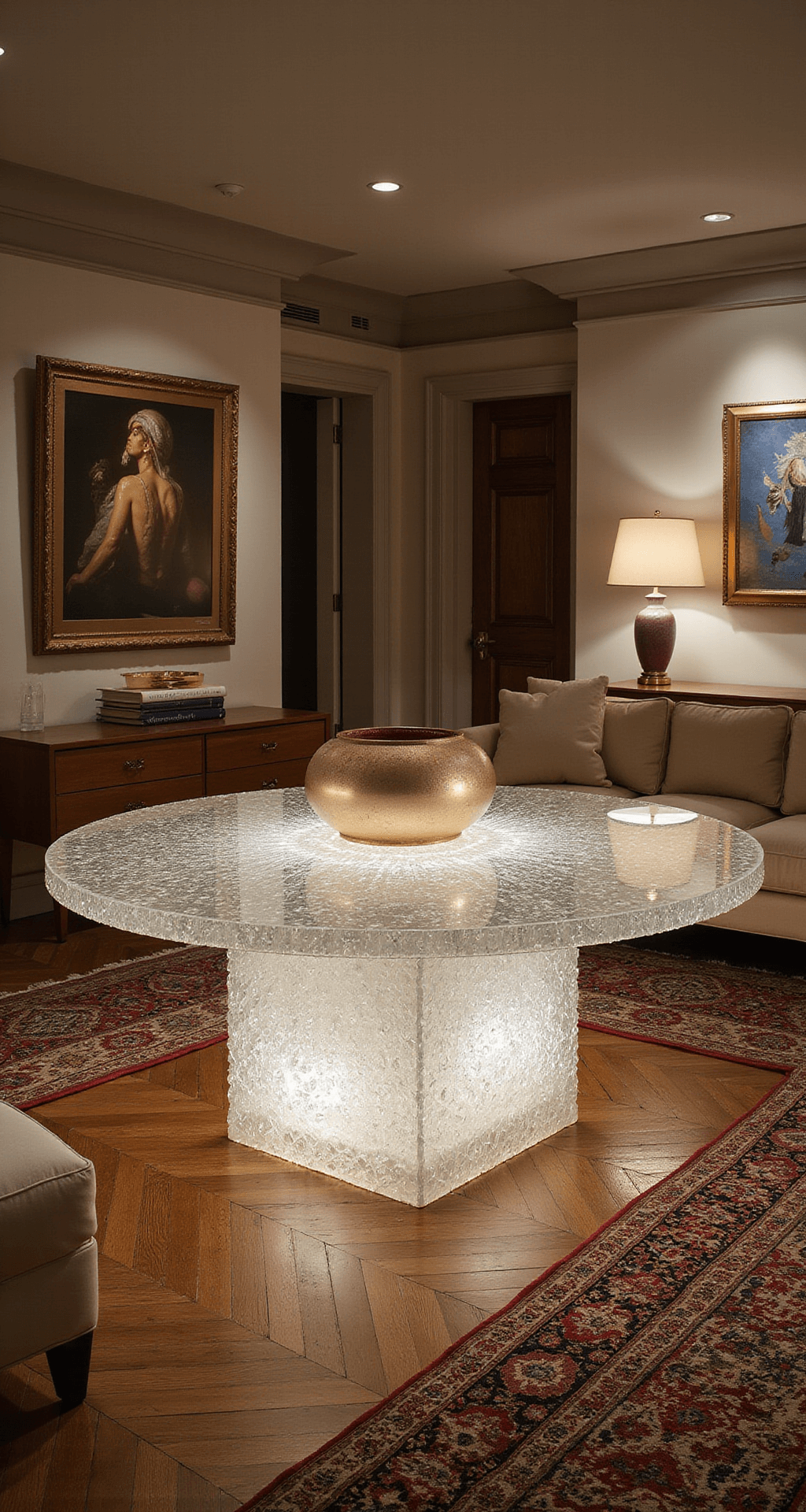 A luxurious salon featuring a custom crystal and bronze center table at twilight, surrounded by champagne silk upholstered seating, vintage Persian rugs on herringbone hardwood floors, art books, and a statement ceramic piece, captured with tilt-shift lens for selective focus.