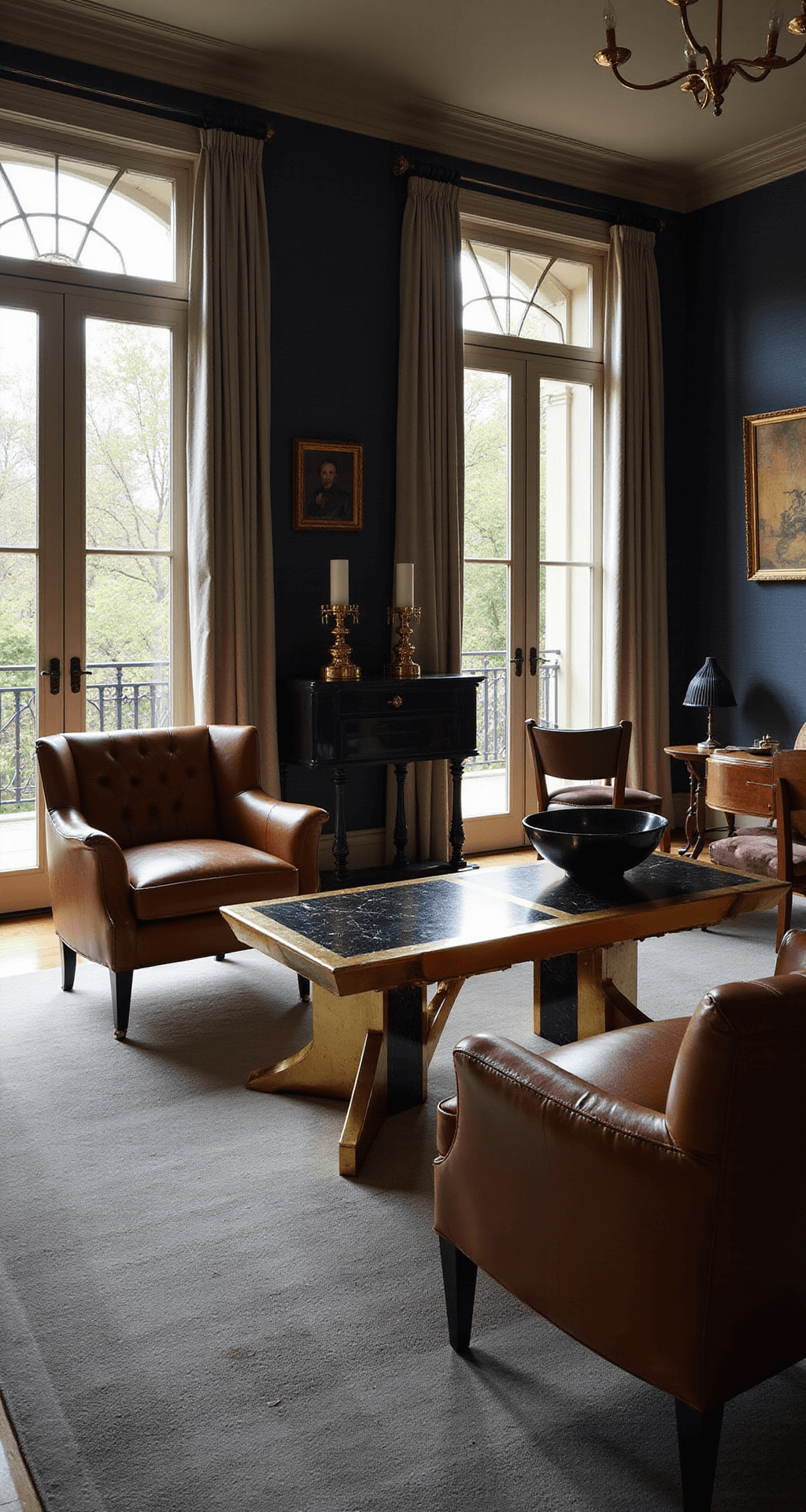 An elegant drawing room featuring a polished brass and black lacquer Boca do Lobo table, surrounded by tufted cognac leather club chairs, with early morning light filtering through French doors and illuminating dark navy grasscloth walls, accented by brass candlesticks and a black marble bowl.