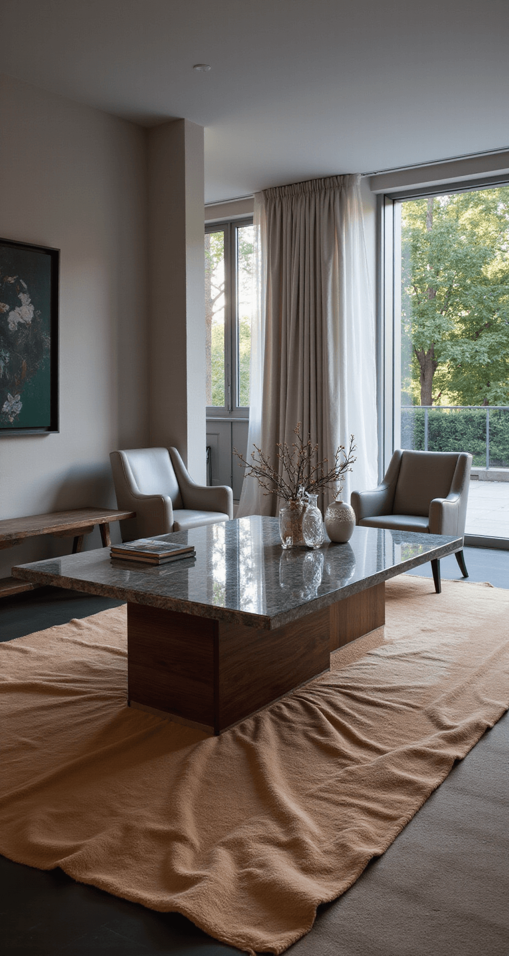 A refined living space with a rosewood artisan table and antiqued mirror, surrounded by grey leather wing chairs on a silk Tibetan rug, all illuminated during blue hour with custom LED lighting, featuring venetian plaster walls and crystal objets d'art.