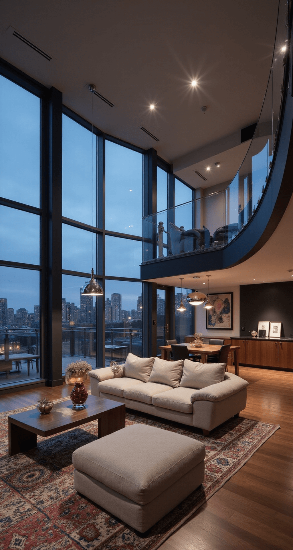 Modern Luxury Living Room: Your Ultimate Guide to Sophisticated, Elegant Design A contemporary open-concept living area at dusk, featuring floor-to-ceiling windows with city views, an oatmeal linen sectional, a geometric Moroccan rug, a walnut media console with art objects, and polished chrome pendant lights.