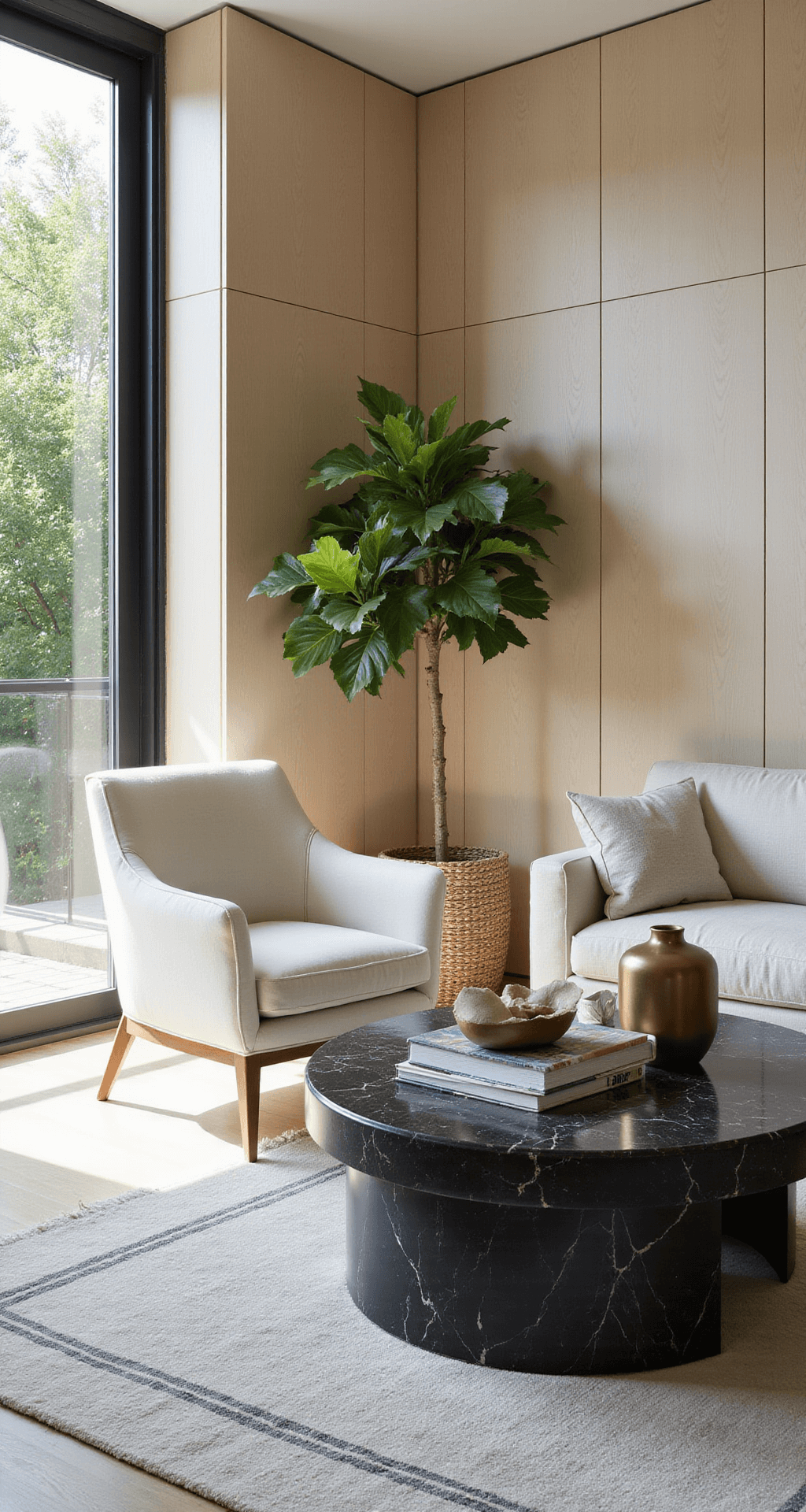 Modern Luxury Living Room: Your Ultimate Guide to Sophisticated, Elegant Design A sun-drenched modern living space featuring a statement ivory bouclé chair against bleached oak panels, a sculptural black marble coffee table with mixed metallic accessories, and an oversized fiddle leaf fig, all captured from an elevated angle to highlight the airy, sophisticated design.