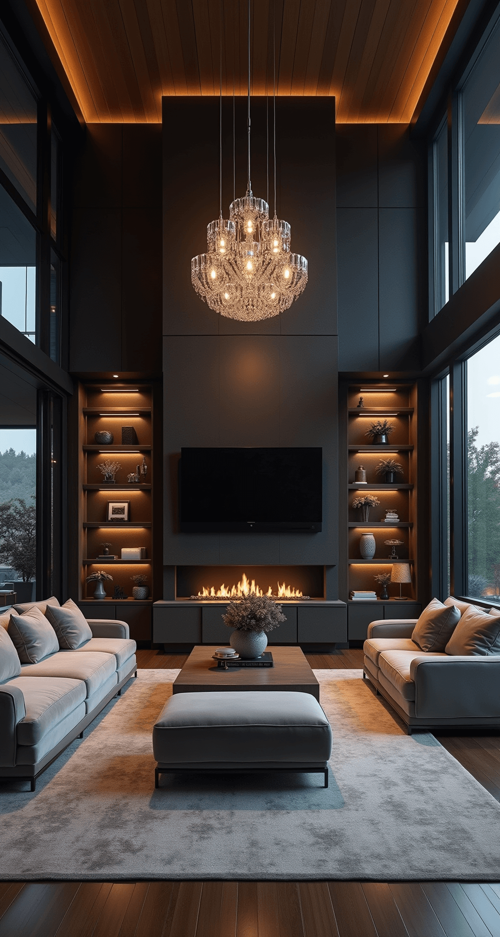 Modern Luxury Living Room: Your Ultimate Guide to Sophisticated, Elegant Design A dramatic twilight living room featuring modular mushroom gray velvet seating on a silk and wool blend rug, with a blackened steel fireplace wall and integrated shelving showcasing curated objects, illuminated by a prismatic crystal chandelier, all presented in a symmetrical composition with pronounced shadows and highlights.