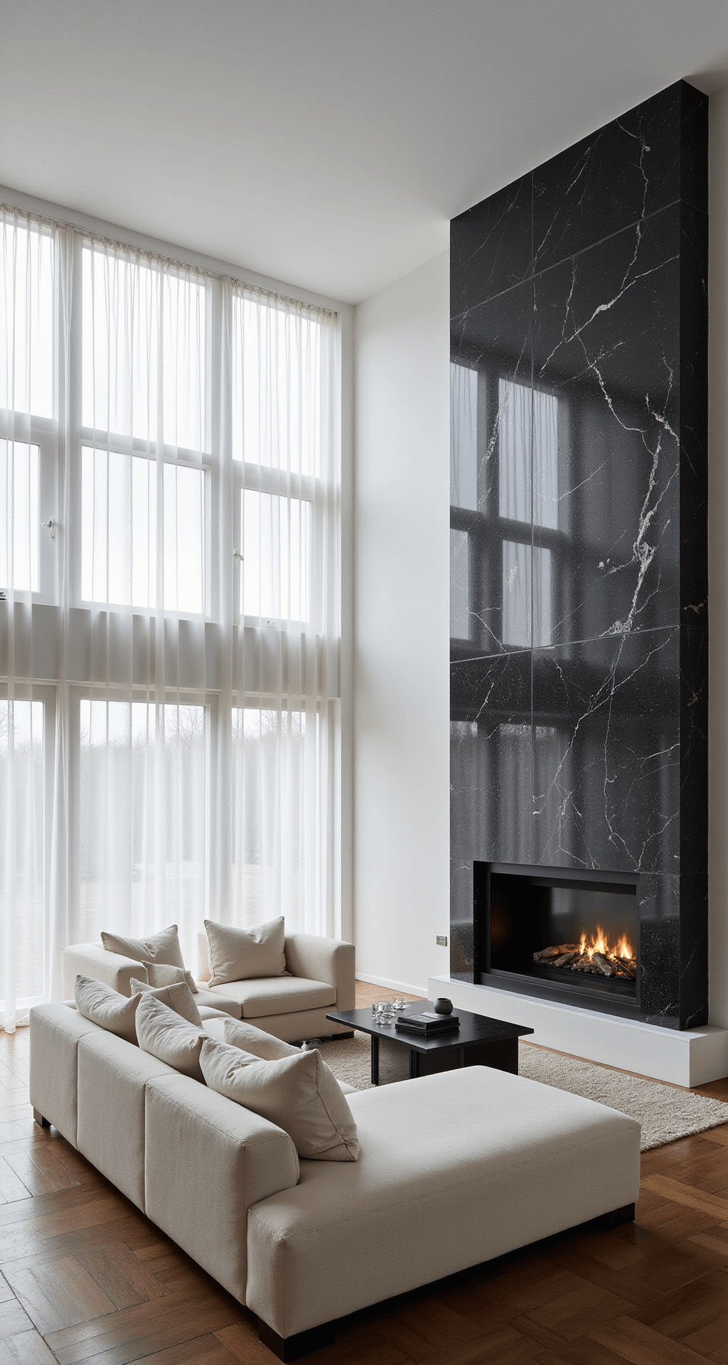 Modern Luxury Living Room: Your Ultimate Guide to Sophisticated, Elegant Design A bright and airy great room featuring double-height windows with sheer white drapes, a cloud-like winter white sectional sofa, a black marble fireplace extending to the ceiling, and dark herringbone flooring, all enhanced by architectural lighting.