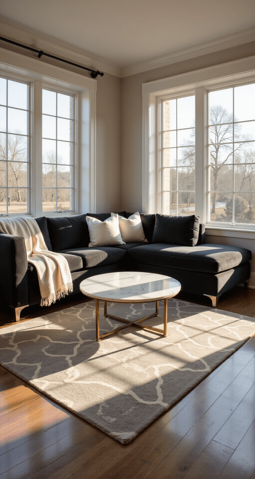 Sunlit contemporary living room featuring a deep charcoal L-shaped velvet sofa with ivory bouclé pillows, a round marble coffee table with brass accents, and a geometric cream and gray area rug, illuminated by golden hour light streaming through floor-to-ceiling windows.