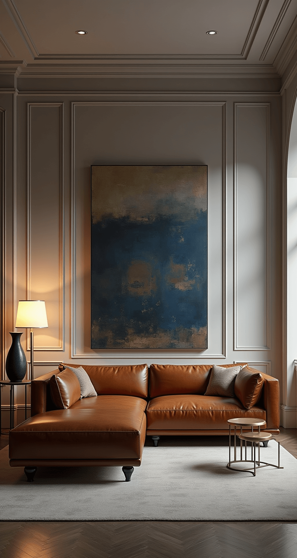 A modern living space featuring a sophisticated evening scene with a cognac brown leather L-shaped sofa against light grey walls, illuminated by ambient lighting from sculptural floor lamps, complemented by brass side tables with ceramic vases, and a large abstract canvas in blues and golds, captured from a low-angle perspective to highlight the sofa's architectural design and the play of dramatic shadows and highlights.
