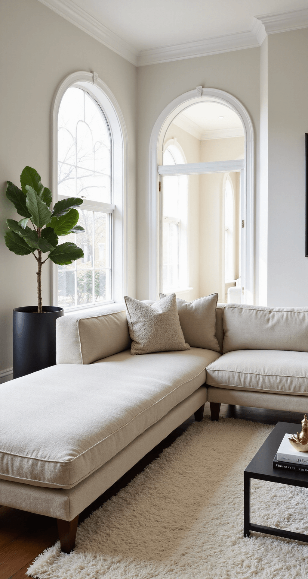 Bright morning scene in a spacious 16x20ft room featuring airy architectural archways, an L-shaped oatmeal linen sofa basking in eastern sunlight, a minimalist black metal coffee table on a plush cream Moroccan rug, and a fiddle leaf fig in a matte black planter. Decorated with a stack of art books and brass objects, the shot is from an elevated angle, highlighting the room's layout and textile textures in natural diffused light.