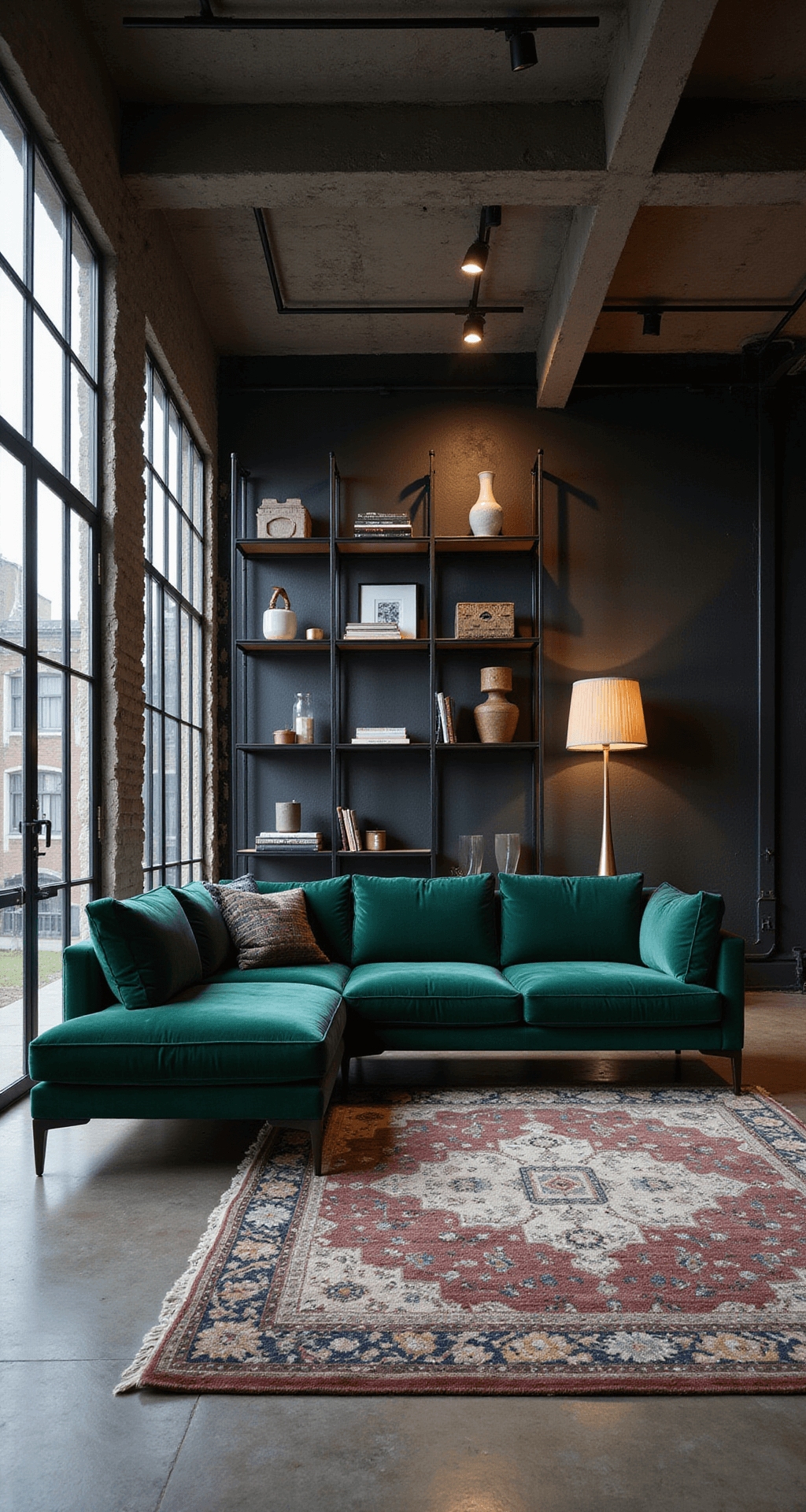 A twilight urban interior featuring an open-concept living space with industrial windows, centered around a deep emerald jewel-toned velvet L-shaped sofa. Behind it, a blackened steel shelving unit displays curated objects. Pendant lights cast moody shadows, while layered vintage rugs add warmth to the muted tones. The wide-angle shot captures the room's depth, enhanced by mixed lighting sources for an atmospheric glow.