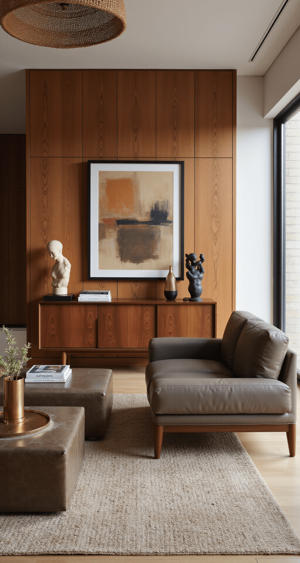 A mid-century inspired interior featuring a wood-paneled accent wall, a taupe leather L-shaped sofa in the center, a walnut credenza adorned with modernist sculptures and brass elements, oversized abstract art in earth tones, and a woven pendant light, captured straight-on for symmetry with warm artificial lighting.