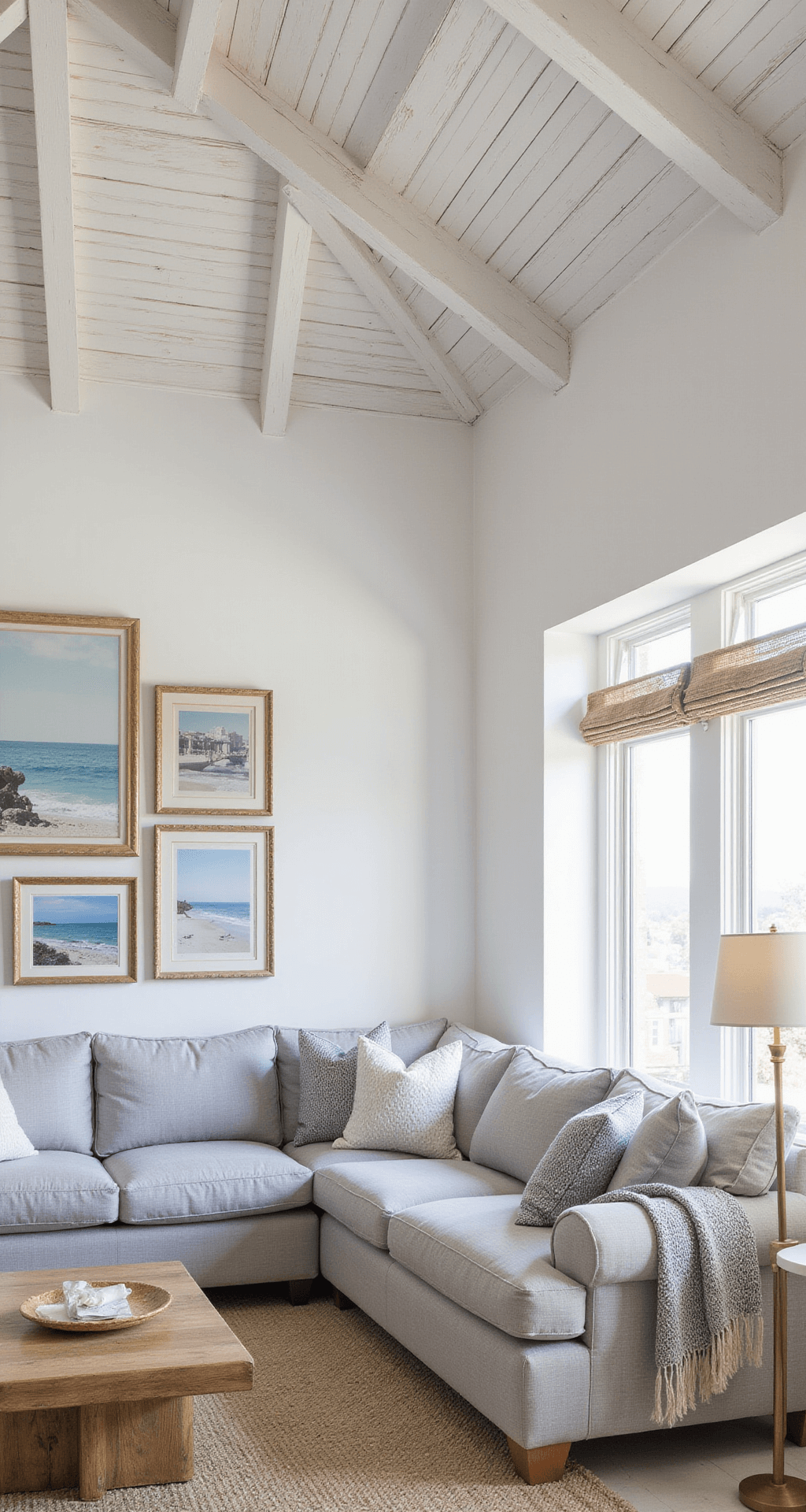 A bright coastal-inspired room featuring whitewashed wooden beams, a pale gray L-shaped linen sofa, layered natural fiber and vintage rugs, a gallery wall of soft blue and neutral coastal artwork, and rattan accents, all captured from a high-angle corner perspective.
