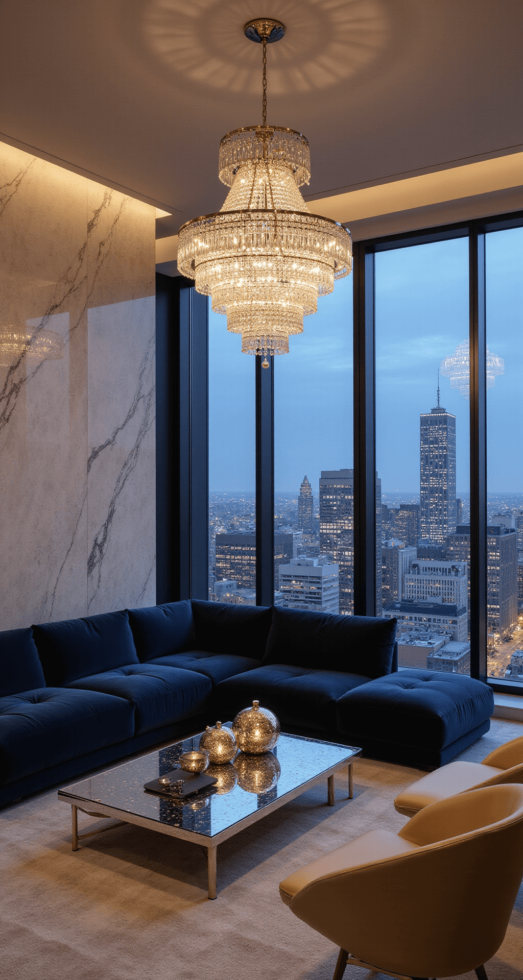 A luxurious penthouse living room featuring a premium velvet L-shaped sofa in navy, a marble feature wall, and a striking crystal chandelier. A mirrored coffee table reflects city lights, with designer brushed gold accent chairs completing the elegant seating arrangement. The scene is shot from an elevated angle, showcasing the metropolitan city backdrop at night.