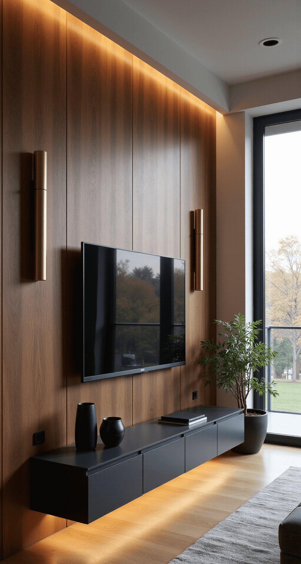 A contemporary living room featuring floor-to-ceiling walnut wood paneling with LED backlighting, an 85-inch mounted TV, a matte black floating console with brass hardware, and ample natural light from large windows, complemented by modern brass sconces, black ceramics, and a trailing plant.